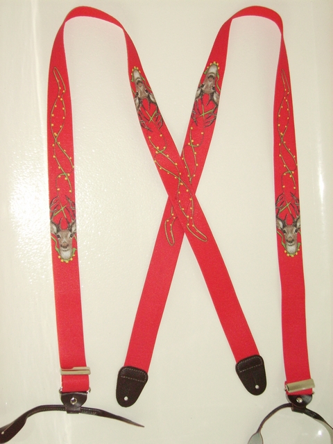 BUTTON-ON WILDLIFE DEER RED BACKGROUND 1 1/ 2"x 48" Suspenders UB120N48WLD2
